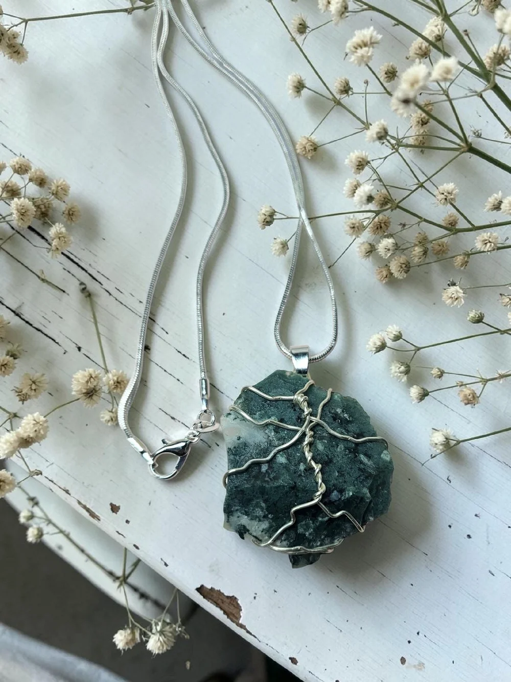 Handcrafted Green Moss Agate Pendant Necklace – Silver Wire Wrap